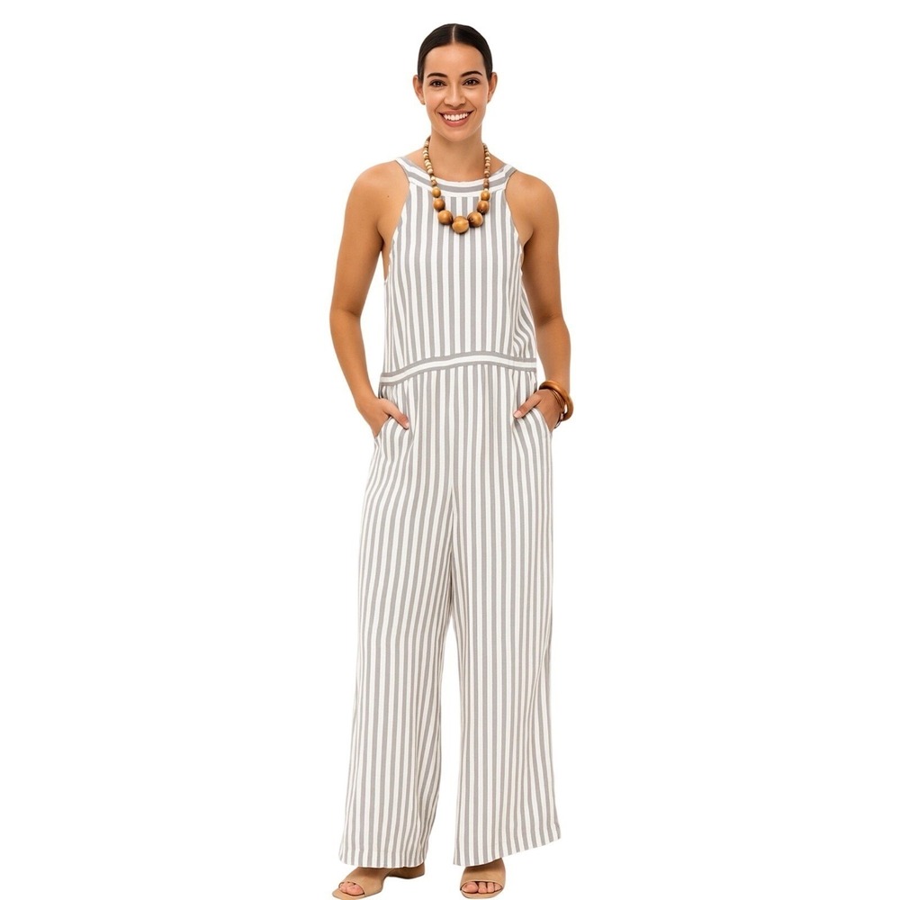 American Eagle Womens Grey White Striped Wide‎ Leg Halter Jumpsuit Large Pockets